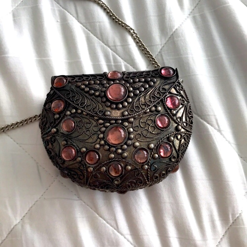 Antique silver purse w/ purple & pink gems